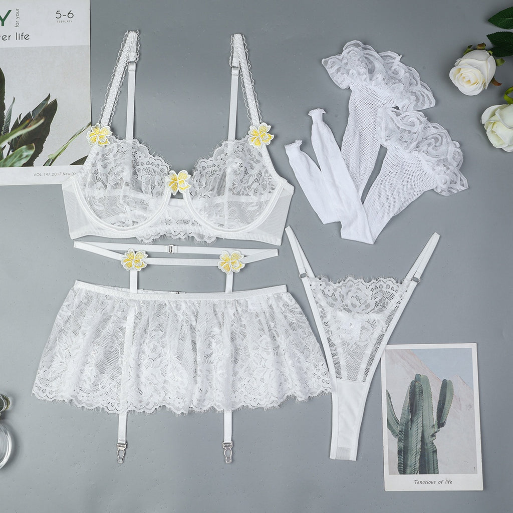 Petal Rill Floral Lace Lingerie Set with Stockings