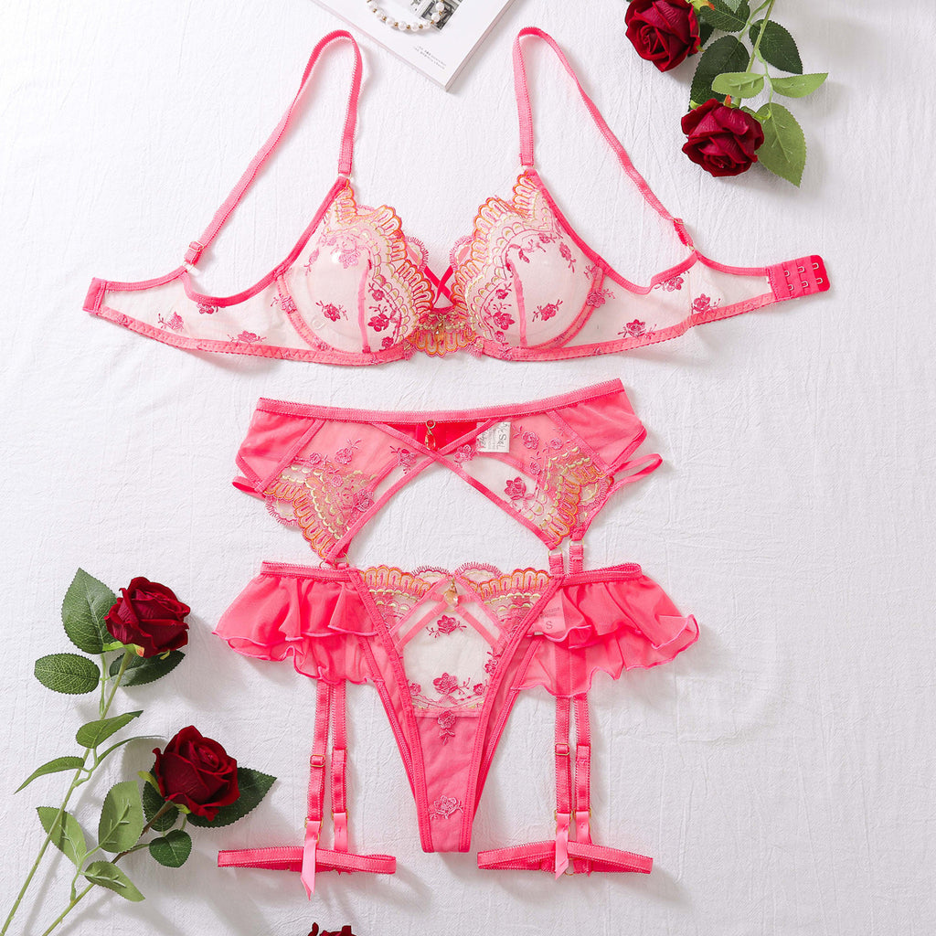 Petal Floral Embroidered Mesh Lingerie Set