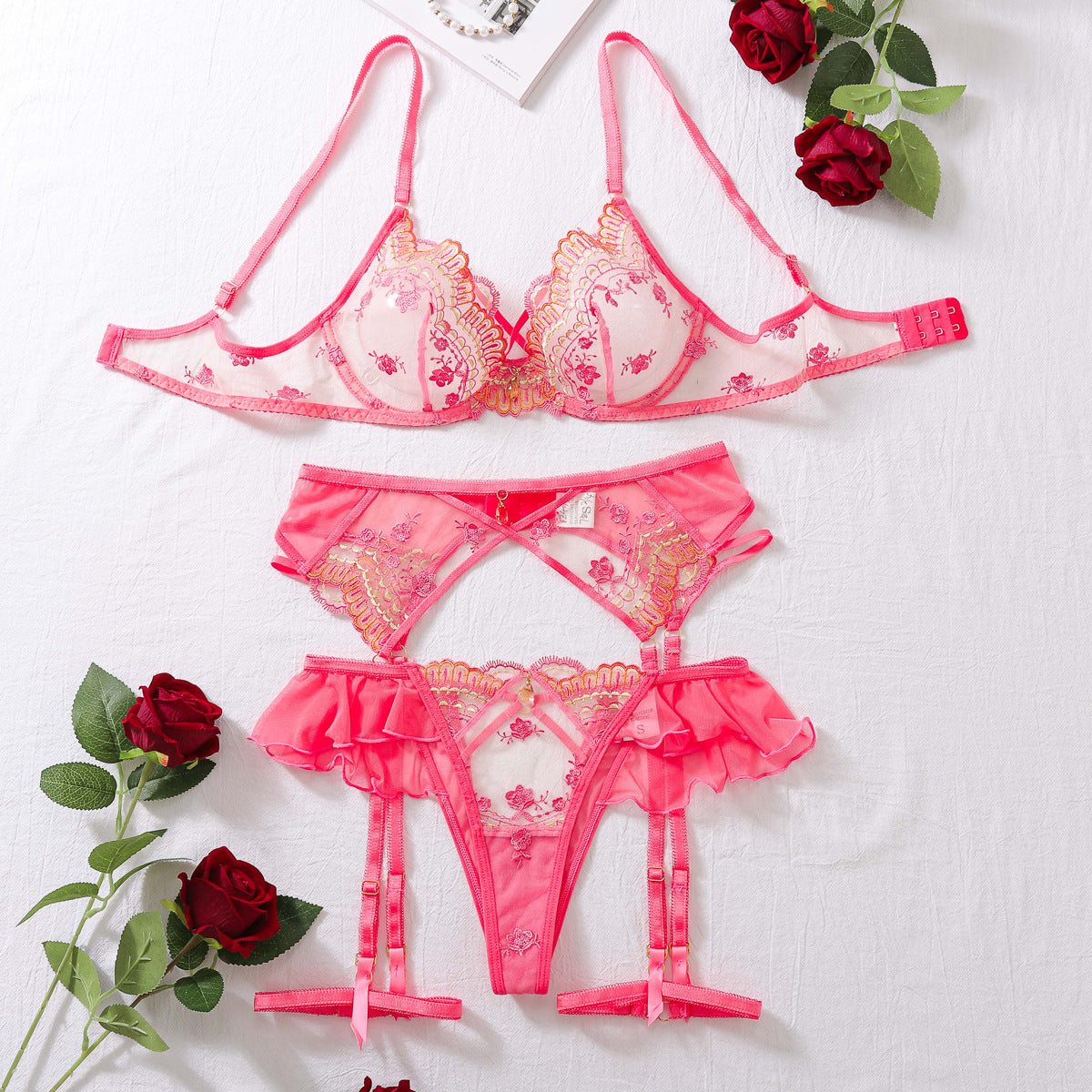 Petal Floral Embroidered Mesh Lingerie Set
