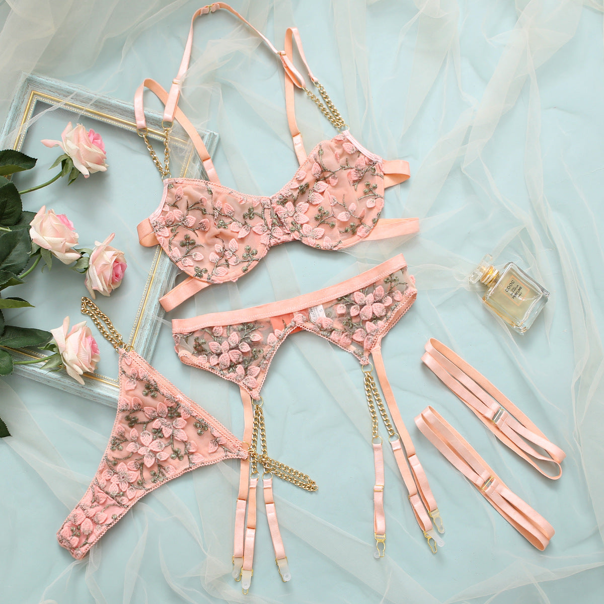 Elorvine Floral Embroidered Lingerie Set with Thigh Garters
