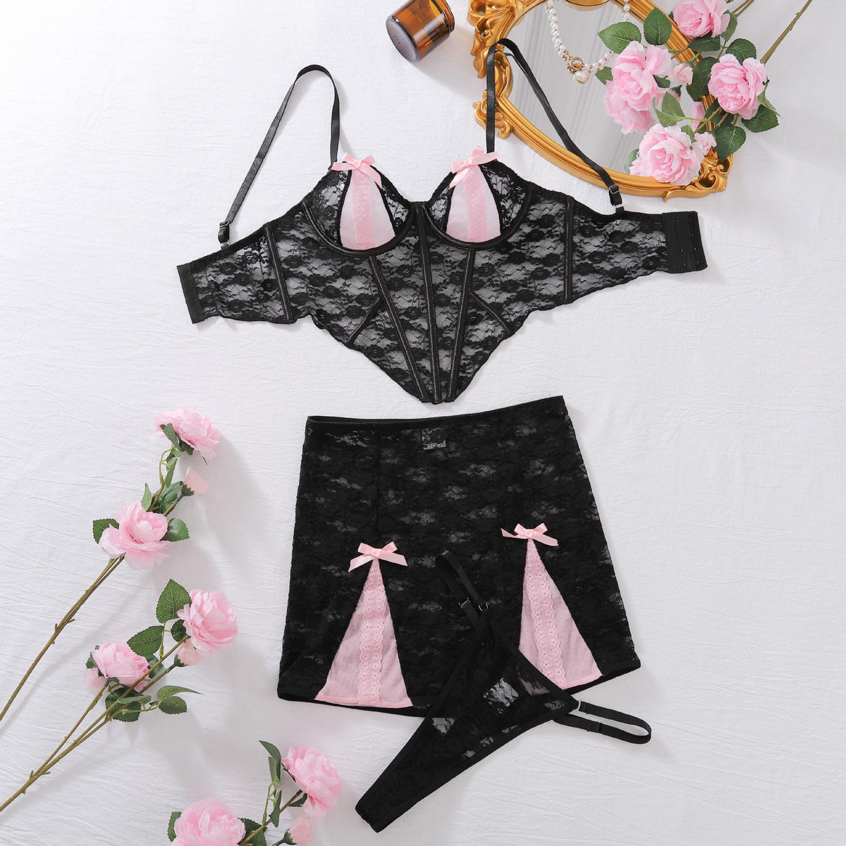 Garnet Blush Lace Bustier and Mini Skirt Lingerie Set