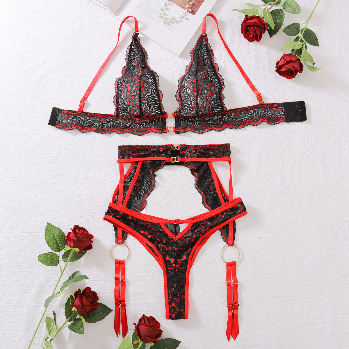 Sable Inferno Black & Red Lace Lingerie Set