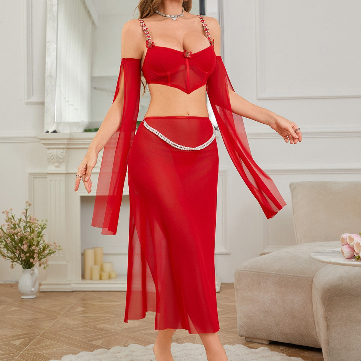 Sorevane Red Mesh Lingerie Set with Sleeves