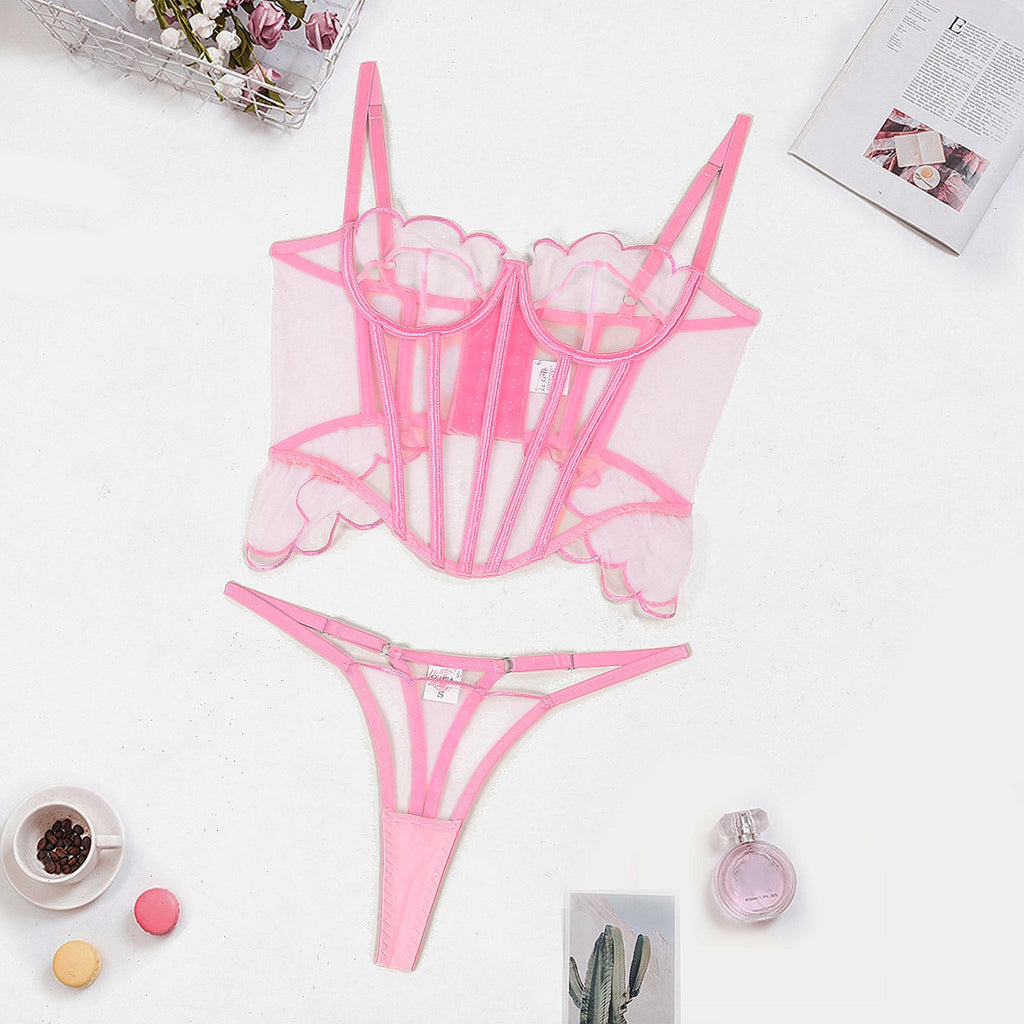 Flounce Pink Mesh Corset Lingerie Set