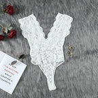 Elyvera Deep-Plunge Floral Lace Lingerie Bodysuit
