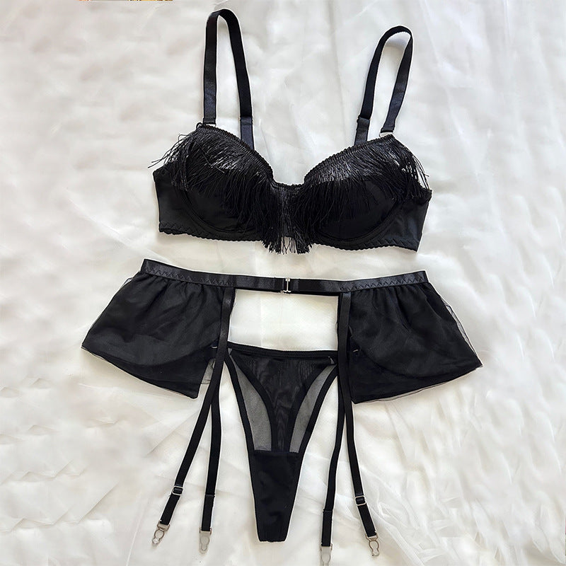 Thrum Fringe-Trim Mesh Lingerie Set